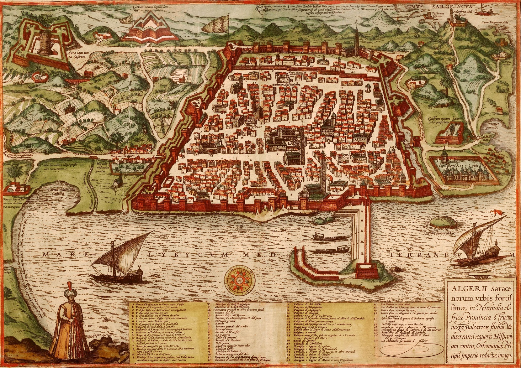 Kolorowa grafika. Przedstawia mapę miasta wraz z pejzażem dookoła. Na przodzie kompozycji znajdują się karty z napisami, które wyjaśniają poszczególne zabudowania. Po lewej stronie stoi postać mężczyzny ubrana w strój orientalny.