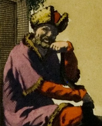 Fragment kolorowej ilustracji. Przedstawia kozaka - mężczyznę w czapce na głowie, ubranego w charakterystyczny strój. Portretowany podpiera głowę lewą ręką. 