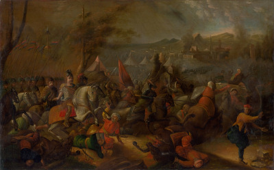 Obraz olejny na płótnie. Dynamiczna scena z wojny tureckiej. Na pierwszym planie pod naporem wojsk dowodzonych przez Jana III Sobieskiego, ustępują wojska tureckie. Niektórzy żołnierze jeszcze walczą, inni wraz z końmi upadli na ziemię, jeszcze innym udaje się uciec. Wśród nich spokojna postać Jana III na białym koniu. W tle, wśród armatniego dymu, ukazano namioty i walczące wojska. Przy nich zarysowane wieże miasta. Dramatycznej atmosferze wydarzeń odpowiada ciemne niebo, przesłonięte dymem.