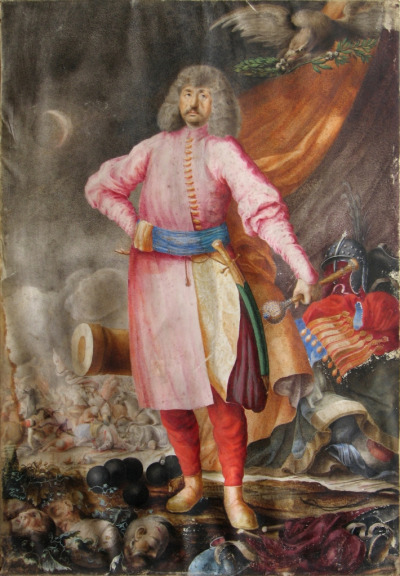 Portret króla Jana III Sobieskiego. Mężczyzna ubrany w różowy kaftan i niebieski pas kontuszowy. U boku szabla, w ręce berło. Mężczyzna ubrany w czerwone spodnie. Pod jego stopami ścięte głowy Turków. Po prawej stronie u góry obrazu orzeł z rozpostartymi skrzydłami. Trzyma w dziobie zieloną gałązkę. Typ fizjonomii portretowanego całkowicie przeczy wyglądowi Jana III Sobieskiego, którą dokumentuje zachowana ikonografia. Atrybuty zgromadzone na portrecie, kontekst przedstawienia nawiązujący do zbrojnej konfrontacji przeciwko Turkom, pasują tematycznie do czynów Jana III.