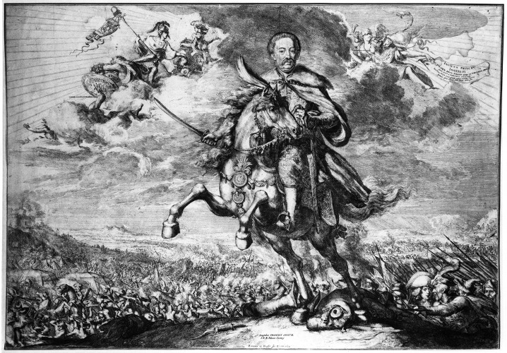 Stara rycina. Grafika przedstawia gloryfikację Jana Sobieskiego na tle bitwy chocimskiej. Sobieski przedstawiony jako hetman wielki koronny, na wspiętym koniu, z bitwą pod Chocimiem jako tłem. Wódz ubrany jest we wzorzysty żupan i delię, w prawej ręce trzyma szablę, w lewej wodze. U końskich kopyt leży martwy Turek, nieopodal porzucany strzaskany łuk. Poniżej zbocza toczy się bitwa na rozległym polu, zamkniętym pasmem wzgórz na horyzoncie. Wśród chmur unoszą się liczne postacie alegoryczne. 