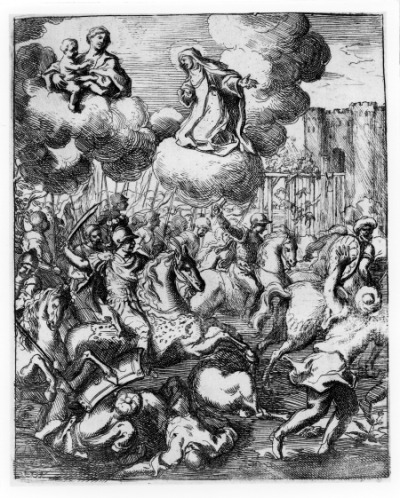 Grafika przedstawia bitwę pod Chocimiem. Kompozycja dynamiczna. Na pierwszym planie walka Sobieskiego z wojskami tureckimi. W tle twierdza Chocim. Powyżej, na niebie postać zakonnicy na chmurze i postać Matki Boskiej z dzieciątkiem Jezus. 