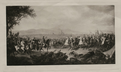 Stara rycina przedstawia spotkanie wojsk na tle bitwy. Po prawej stronie Jan III król Polski wraz z wojskiem, po lewej stronie cesarz rzymski Leopold wraz z wojskami. Dowódca zjednoczonych sił europejskich, Jan III, przyjął wówczas podziękowanie od cesarza Leopolda I po szczęśliwym wyzwoleniu Wiednia oblężonego przez niezliczone wojska barbarzyńców. W tle pejzaż i zarys budowli miejskich. 