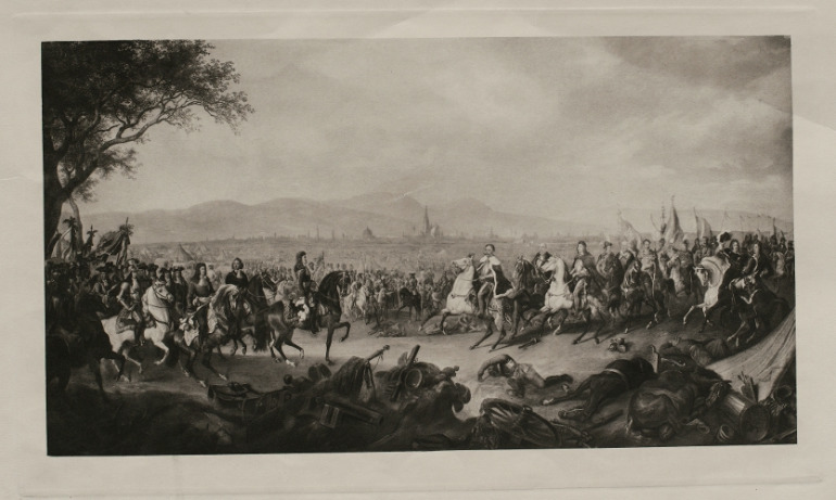 Stara rycina przedstawia spotkanie wojsk na tle bitwy. Po prawej stronie Jan III król Polski wraz z wojskiem, po lewej stronie cesarz rzymski Leopold wraz z wojskami. Dowódca zjednoczonych sił europejskich, Jan III, przyjął wówczas podziękowanie od cesarza Leopolda I po szczęśliwym wyzwoleniu Wiednia oblężonego przez niezliczone wojska barbarzyńców. W tle pejzaż i zarys budowli miejskich. 