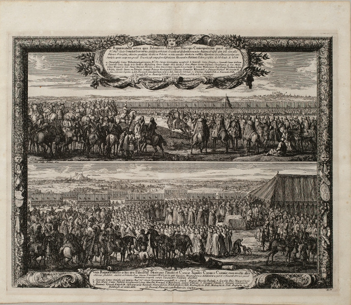 
Grafika przedstawiająca scenę historyczną. Rycina zatytułowana „Przysięga feudałów” jest świadectwem niezbyt chwalebnego, ale szczęśliwie krótkotrwałego epizodu z życia Jana Sobieskiego, kiedy wraz ze zdecydowaną większością wojsk kwarcianych i dowództwa przystąpił w 1655 r. do obozu szwedzkiego. Podzielona na dwie strefy, ujęta w ozdobną ramkę, opisana dwoma kartuszami kompozycja ukazuje kluczowe etapy składania przysięgi wiernopoddańczej na imię Karola Gustawa. 