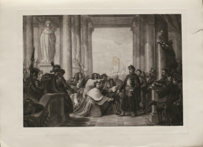 Stara rycina. Przedstawia hrabiego Wilczka błagającego Jana III o pomoc dla Wiednia. Polski król ukazany został w monumentalnym wnętrzu, którego dostojne kolumny podkreślają majestat władcy. Przed monarchą klęczą ambasadorowie królewskich sojuszników. Tradycja podaje, że nie była to formalna, dyplomatyczna prośba, ale błagalne wezwanie na pomoc skierowane do króla, doświadczonego wojownika w walce przeciwko potędze tureckiej. 