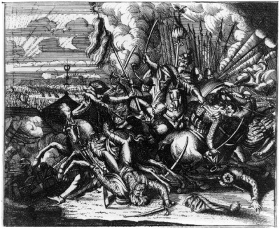 Grafika przedstawia bitwę pod Wiedniem. Akcja koncentruje się wokół osoby Jana III Sobieskiego. Król konno, w kołpaku z nałożoną nań koroną, w podbitym gronostajami płaszczu narzuconym na zbroję, w prawej ręce wznosi szablę, lewą zaś ściąga z konia tureckiego jeźdźca. W kłębowisku walczących polscy rycerze wydzierają z rąk przeciwnika buńczuk, przecinający niebo. Na pierwszym planie Turek spada z konia, na ziemi leżą ciała poległych. W głęi po lewej widać namioty tureckie, w oddali wre bitwa.