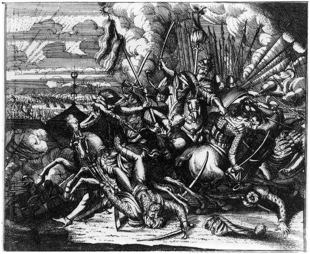 Grafika przedstawia bitwę pod Wiedniem. Akcja koncentruje się wokół osoby Jana III Sobieskiego. Król konno, w kołpaku z nałożoną nań koroną, w podbitym gronostajami płaszczu narzuconym na zbroję, w prawej ręce wznosi szablę, lewą zaś ściąga z konia tureckiego jeźdźca. W kłębowisku walczących polscy rycerze wydzierają z rąk przeciwnika buńczuk, przecinający niebo. Na pierwszym planie Turek spada z konia, na ziemi leżą ciała poległych. W głęi po lewej widać namioty tureckie, w oddali wre bitwa.