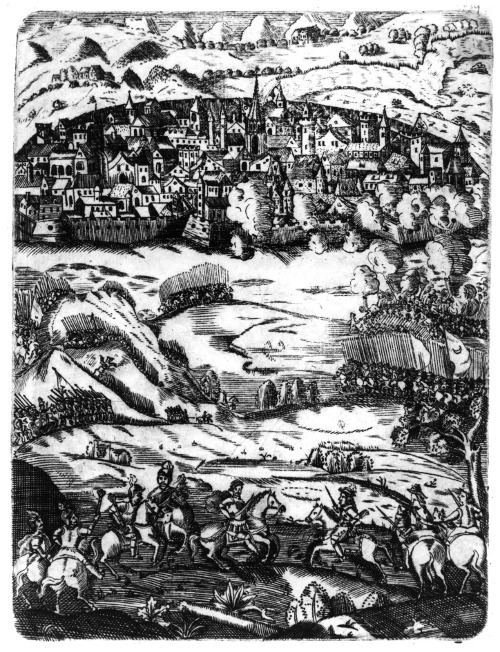 Stara rycina. Ilustruje bitwę pod Wiedniem. Kompozycja trzystrefowa, ujęta z lotu ptaka. W strefie dolnej, niejako na pierwszym planie, usytuowana grupa jeźdźców polskich (z lewej) i cesarskich (z prawej). Wśród konnych postaci rycerzy w zbrojach i szyszakach, wyraźnie wyeksponowana postać Jana III. Strefa środkowa przedstawia ruchy wojsk sprzymierzonych na pofałdowanym terenie. Strefa najwyższa zawiera widok ufortyfikowanego Wiednia, zamknięty wysoko podciągniętym horyzontem z pasmami wzgórz.