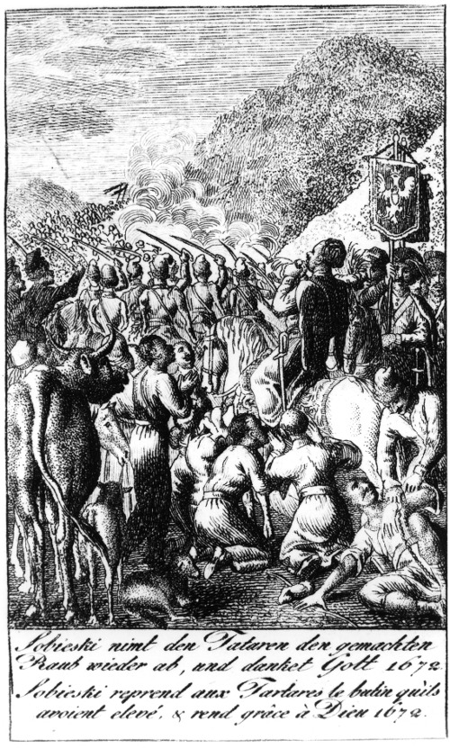 Stara rycina. Grafika ilustruje bitwę pod Kałuszem. Na pierwszym planie, na koniu mężczyzna z szablą. Obok żołnierz trzyma proporzec z orłem białym. Z boku stoją chłopi lub Tatarzy i widzimy zwierzę, być może byka. W głębi tłum żołnierzy, wybuchy od artylerii i w oddali góra.