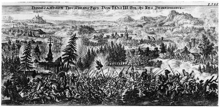 Stara rycina. Rozległy krajobraz bitewny ujęty nieco z góry, o wysoko podciągniętym horyzoncie, na którym rysują się okolice Lwowa i widok miasta z ufortyfikowanym zamkiem na wzgórzu (po lewej) oraz Karpaty (po prawej). Na odległym, ostatnim planie widoczne jest warowne miasteczko Komarno, usytuowane nad stawem, przez który uciekają Tatarzy ścigani przez polską jazdę. Na pierwszym planie wre zacięta walka między wojskiem polskim a Tatarami i Kozakami. Wśród walczących widać hetmana Sobieskiego konno, przedstawionego już jako króla w koronie nałożonej na szyszak, w zbroi, ze wzniesioną szablą w prawej ręce. Wodza potrzeba kapelan trzymający krzyż. Po lewej stronie kompozycji, na drugim planie, wśród wysokich świerków, płonie kościół.