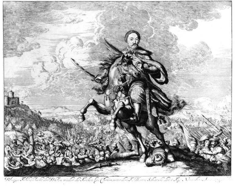 Stara grafika ze sceną historyczną. Jest to gloryfikacja Jana Sobieskiego na tle bitwy chocimskiej. Sobieski przedstawiony jako hetman wielki koronny, na wspiętym koniu, z bitwą pod Chocimiem jako tłem. Wódz ubrany jest w we wzorzysty żupan i delię, w prawej ręce trzyma szablę, w lewej wodze. U końskich kopyt leży martwy Turek, nieopodal porzucony strzaskany łuk. Poniżej zbocza toczy się bitwa na rozległym polu, zamkniętym pasmem wzgórz. Z lewej, na odległym wzniesieniu, widać bryłę chocimskiego zamku. U dołu napis. 