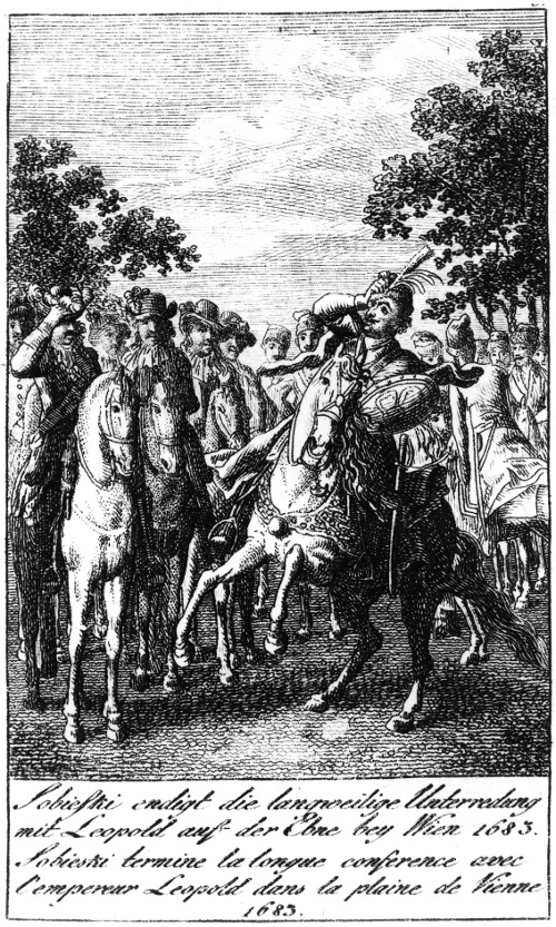 Stara rycina. Ilustruje spotkanie Jana III Sobieskiego z cesarzem Leopoldem I Habsburgiem. Król polski i cesarz Leopold na koniach, równocześnie sięgający do nakryć głowy, Sobieski w stroju polskim siedzi na lekko wspiętym rumaku, dzierżąc na lewym ramieniu tarczę; obok widoczny Habsburg w otoczeniu dworu. W głębi polska jazda i drzewa na tle nieba. Niżej dwujęzyczny napis. 