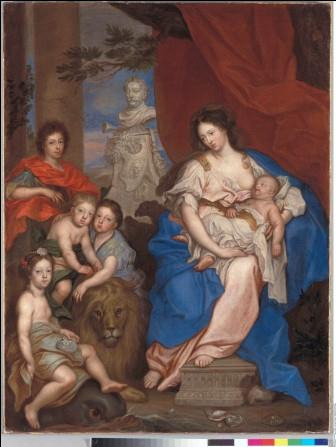 Portret królowej Marii Kazimiery z dziećmi. Przedstawia Marię Kazimierę jako matkę bogów Geę – Reę, założycielkę królewskiej dynastii Sobieskich. Obok królowej matki występują jej dzieci: Jakub Ludwik, Aleksander Benedykt, Konstanty Władysław, Teresa Kunegunda i Jan. Królowa ubrana w strój antyczny. Przy piersi trzyma małe dziecko. Po jej lewej stronie czwórka starszych dzieci. Dwójka opiera się o lwa. W tle, za czerwoną kotarą znajduje się popiersie króla Jana III Sobieskiego.