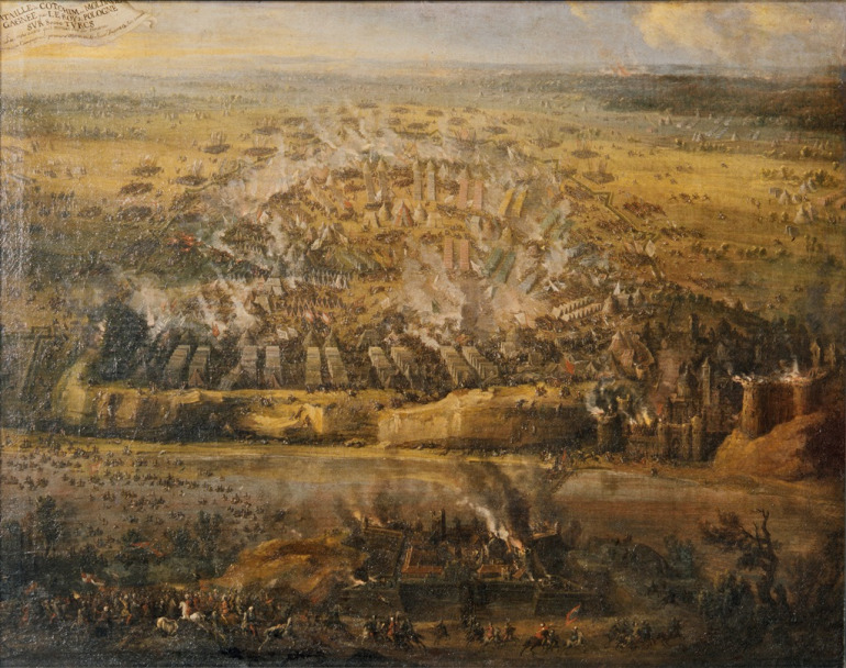 Obraz olejny. Ilustruje bitwę pod Chocimiem. Szeroka panorama przedstawia obóz turecki rozłożony wielkim półkolem na prawym brzegu Dniestru. Po prawej stronie widoczne fortyfikacje płonącego miasta z górującym nad nimi zamkiem chocimskim. Natomiast w dolnej partii kompozycji ukazany został lewy brzeg z polskimi wojskami w momencie decydującego ataku. W lewej części kompozycji polska jazda przeprawia się wpław przez rzekę.