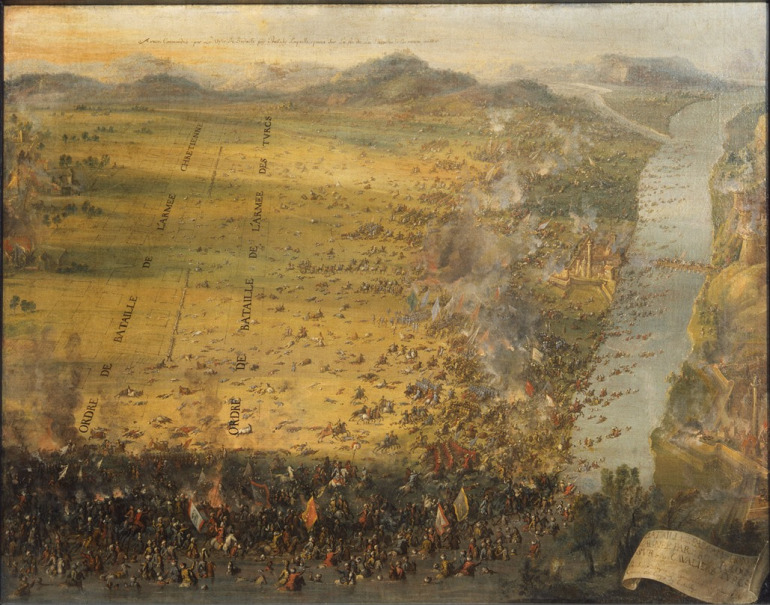 
Obraz olejny. Kompozycja ukazuje moment, w którym polskie wojska zyskują przewagę, zmuszając siły tureckie do ucieczki. Walki toczą się wzdłuż brzegu Dunaju, który zajmuje prawą i przednią część obrazu. Na pierwszym planie wyraźnie widać jeźdźców uciekających do wody. Bitwa pod Parkanami jest jednym z ośmiu znajdujących się w zbiorach Wittelsbachów w Schleissheim i w Monachium obrazów ukazujących zwycięskie bitwy Jana III Sobieskiego.