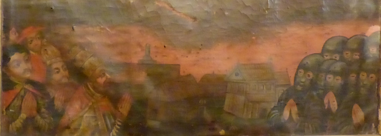 Olej na płótnie. Zbliżenie na fragment obrazu „Dzieciątko Jezus adorowane przez członków bractwa oraz dostojników duchownych i świeckich”. W dolnej partii obrazu adorujący go wierni. 