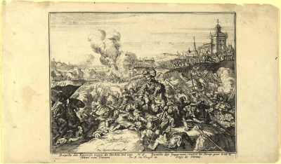 Rycina pt. „Oblężenie Wiednia”. Przedstawienie jest jedną z dziesięciu rycin ukazujących kolejne wypadki z historii oblężenia Wiednia i walk odsieczowych. Ósma rycina przedstawia Karola V Lotaryńskiego, dowodzącego wojskami cesarskimi, triumfującego nad przeciwnikiem. W centralnej części kompozycji jeździec, pewnie górujący nad kłębiącą się piechotą, podjeżdża do osuwającego na ziemię żołnierza tureckiego i przebija go zadając mu śmiertelny cios. Z lewej strony, nieco w oddali widoczny w cieniu inny jeździec i sztandar z półksiężycem – zapowiedź kolejnego starcia. W tle zabudowania miejskie, dym od wybuchów i walczące wojska.