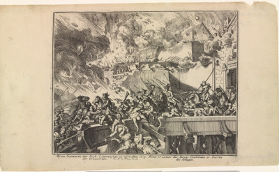 Rycina pt. „Oblężenie Wiednia”. Przedstawienie jest jedną z dziesięciu rycin ukazujących kolejne wypadki z historii oblężenia Wiednia i walk odsieczowych. Piąta rycina przedstawia starcie wojsk na moście prowadzącym do miasta. Na głównym planie detalicznie oddane dramatyczne walki: żołnierze w rozmaitych pozach, konno i pieszo, kilku wypada przez barierę mostu. W tle mury miejskie, częściowo nadkruszone, częściowo ukryte w kłębiącym się dymie z wybuchających armat.