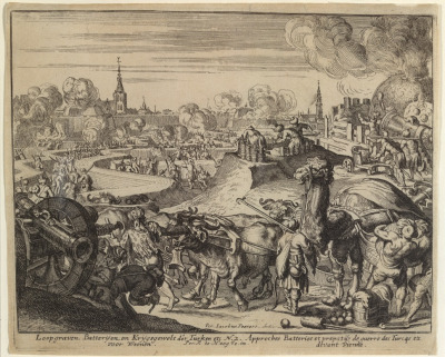 Rycina pt. „Oblężenie Wiednia”. Przedstawienie jest jedną z dziesięciu rycin ukazujących kolejne wypadki z historii oblężenia Wiednia i walk odsieczowych. Rycina druga przedstawia niejako kulisy oblężenia miasta. W tle przedstawienia, na linii horyzontu, widzimy mury miejskie, nad którymi zarysowane wieże kościelne i dachy budowli. Główną przestrzeń ryciny zajmuje natomiast przygotowujące się do starcia wojsko: budujący zasieki, ładujący armaty, maszerujący. Na pierwszym planie objuczany towarami wielbłąd i woły ciągnące wozy.