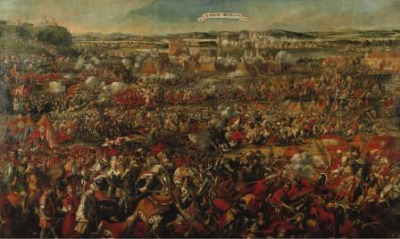 Olej na płótnie. Ilustruje bitwę na Kahlenbergu. Rozbudowana kompozycja przedstawia oblężenie Wiednia: w szerokiej panoramie okolic miasta, na kilku planach, maszerują i walczą liczne oddziały wojsk. Na pierwszym planie, wśród walczących rozpoznać możemy w centrum kompozycji Jana III Sobieskiego, dostojnie siedzącego na koniu. W ślad za nim postępuje Jakub Ludwik. Na dalekim planie przedstawiono z niezwykłą precyzją panoramę miasta – z kamienicami i konkretnymi wiedeńskimi kościołami. Wokół murów miejskich rozłożone namioty wojskowe. Temat obrazu identyfikuje umieszczona ponad całą sceną banderola.