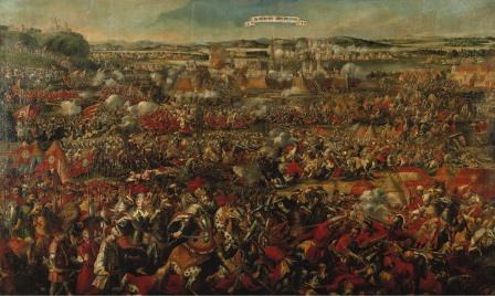 Olej na płótnie. Ilustruje bitwę na Kahlenbergu. Rozbudowana kompozycja przedstawia oblężenie Wiednia: w szerokiej panoramie okolic miasta, na kilku planach, maszerują i walczą liczne oddziały wojsk. Na pierwszym planie, wśród walczących rozpoznać możemy w centrum kompozycji Jana III Sobieskiego, dostojnie siedzącego na koniu. W ślad za nim postępuje Jakub Ludwik. Na dalekim planie przedstawiono z niezwykłą precyzją panoramę miasta – z kamienicami i konkretnymi wiedeńskimi kościołami. Wokół murów miejskich rozłożone namioty wojskowe. Temat obrazu identyfikuje umieszczona ponad całą sceną banderola.