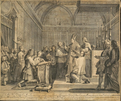 Stara rycina pt. „Zaślubiny Marii Klementyny Sobieskiej i Jakuba Edwarda Stuarta”. Rycina przedstawia drugą ceremonię zaślubin Marii Klementyny Sobieskiej i Jakuba Edwarda Stuarta, która odbyła się w katedrze we włoskim Montefiascone. W centrum kompozycji klęczy para małżonków, którą błogosławi miejscowy biskup.