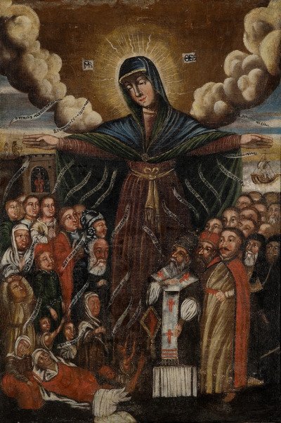 Tempera na desce. Obraz przedstawia wizerunek Matki Boskiej Pocieszycielki Strapionych. Stojąca Maryja wyciąga w bok swoje ręce. Dolną połowę kompozycji zajmują wierni uciekający się do Marii z modlitwami. W grupie po prawej stronie, wśród duchownych, rozpoznać możemy Jana III Sobieskiego. Wizerunek Matki Bożej roztaczającej opiekę nad ludem inspirowany jest wschodnim typem ikonograficznym; podpisany, jak każe tradycja ikonowa, greckimi literami.