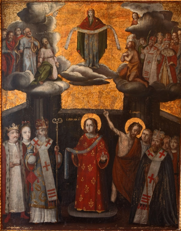 
Obraz na desce. Ikona przedstawia Matkę Bożą Opieki - jako orędowniczkę i opiekunkę. Kompozycja podzielona jest na dwie części: w górnej widoczna jest Maria otoczona przez aniołów lub świętych. W  dolnej zaś zgromadzeni są wierni, władcy świeccy lub hierarchowie kościelni. Pomiędzy nimi, na środku, stoi Roman Melodos, po prawej stronie zaś św. Andrzej wskazujący na objawiającą mu się Marię. Wśród wiernych, po lewej stronie, pojawiają się postaci króla Jana III Sobieskiego i jego żony Marii Kazimiery.
