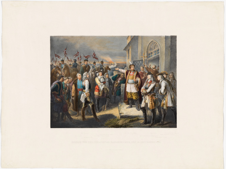 Stara grafika. Przedstawia przemowę króla Jana III Sobieskiego 12 września 1683 na Kahlenbergu do zgromadzonych dowódców. Wskazując na spowity dymem Wiedeń, król zagrzewa do walki i przekazuje ostatnie wskazówki zgromadzonym przed świątynią dowódcom: Karolowi Lotaryńskiemu, elektorom i polskim hetmanom. 