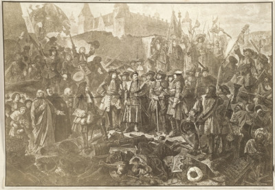 Stara litografia. Przedstawia Króla Jana III Sobieskiego w otoczeniu dowódców po wyzwoleniu Wiednia w 1683 r. Jest to grupa mieszkańców Wiednia i przedstawicieli wojsk cesarskich, polskich i niemieckich przed mocno zniszczonym Bastionem Zamkowym. U ich stóp leżą pokonani Turcy i elementy uzbrojenia, z boku siedzą jeńcy. W samym centrum kompozycji, otoczony przez postaci stoi Sobieski w kontuszu i karacenie. 