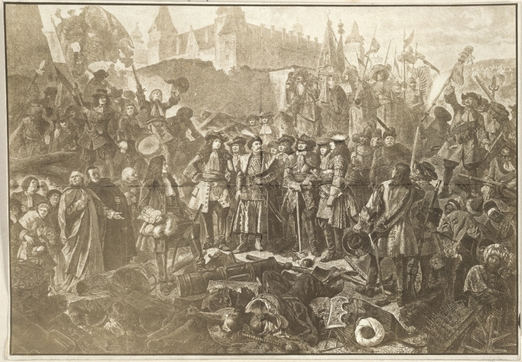 Stara litografia. Przedstawia Króla Jana III Sobieskiego w otoczeniu dowódców po wyzwoleniu Wiednia w 1683 r. Jest to grupa mieszkańców Wiednia i przedstawicieli wojsk cesarskich, polskich i niemieckich przed mocno zniszczonym Bastionem Zamkowym. U ich stóp leżą pokonani Turcy i elementy uzbrojenia, z boku siedzą jeńcy. W samym centrum kompozycji, otoczony przez postaci stoi Sobieski w kontuszu i karacenie. 