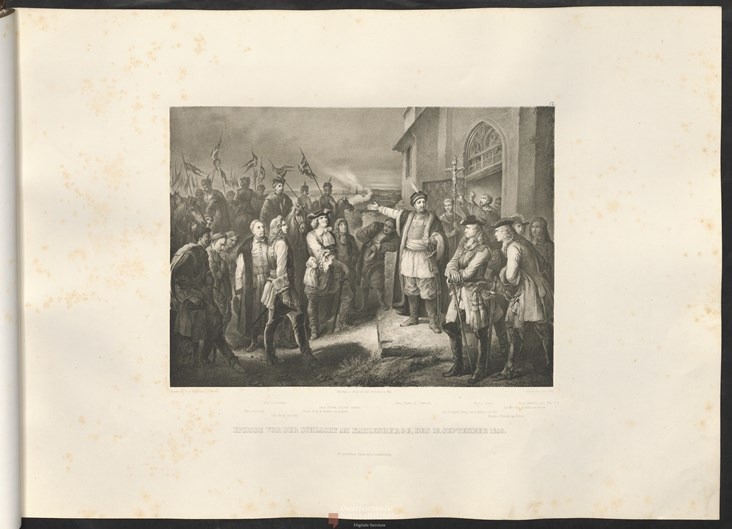 Stara grafika. Przedstawia przemowę króla Jana III Sobieskiego 12 września 1683 na Kahlenbergu do zgromadzonych dowódców. Wskazując na spowity dymem Wiedeń, król zagrzewa do walki i przekazuje ostatnie wskazówki zgromadzonym przed świątynią dowódcom: Karolowi Lotaryńskiemu, elektorom i polskim hetmanom. 