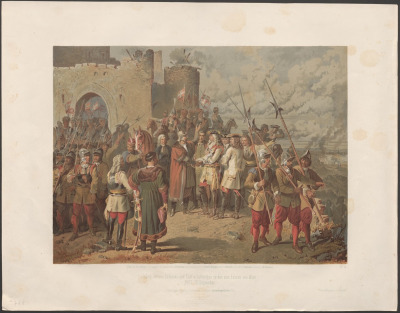 Barwna litografia przedstawiająca jak król Jan III Sobieski i Karol V Lotaryński szykują się do odsieczy Wiednia 12 września 1683. Ukazuje scenę na wzgórzu przed zniszczonym zamkiem. W samym centrum kompozycji stoją Sobieski i Karol Lotaryński, wymieniają ostatnie zdania i ściskają sobie dłonie na pożegnanie i przypieczętowanie ustaleń. Obok głównych postaci zostali przedstawieni inni uczestnicy spotkania. Cesarscy dowódcy oraz elektorzy odziani w białe, eleganckie mundury wyróżniają się w całej kompozycji. 