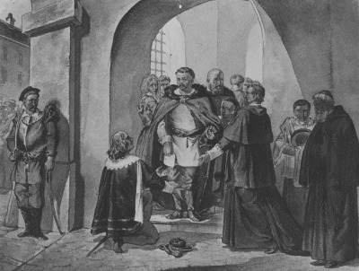 Czarno-białe zdjęcie akwareli Ignacego Gierdziejowskiego pt. "Poseł austriacki Wilczek przed królem Sobieskim", która została namalowana w Rzymie w 1859 roku. Ukazuje scenę grupową, która rozgrywa się  w zabudowaniach. Na stopniu, pod arkadą stoi król Jan III Sobieski w otoczeniu towarzyszy. Przed nim klęka mężczyzna. Po lewej stronie, przy filarze stoi żołnierz i przygląda się całej scenie. 

 