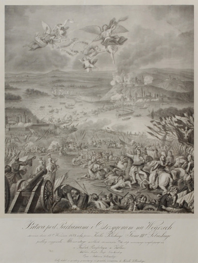 Bitwa pod Parkanami. Litografia na papierze. Ukazuje zwycięską bitwę Jana III Sobieskiego. Kompozycja ukazuje moment, w którym polskie wojska zyskują przewagę, zmuszając siły tureckie do ucieczki. Walki toczą się wzdłuż brzegu Dunaju, który zajmuje środkową część obrazu. W oddali miasto. Na niebie anioły z szarfami na których widnieją napisy.  