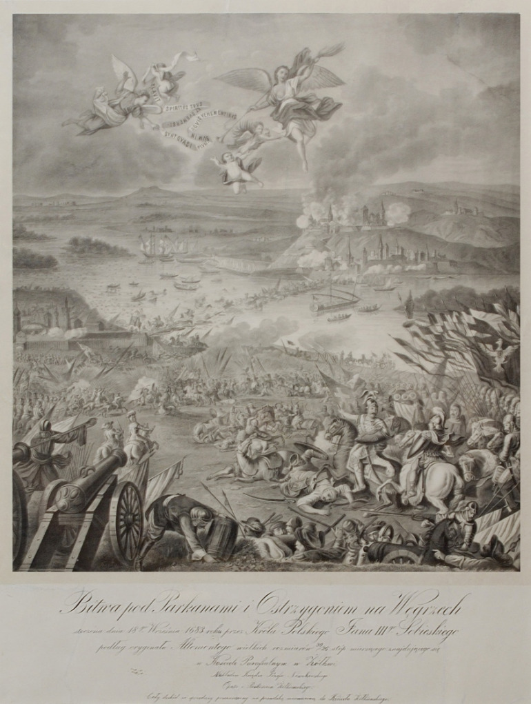 Bitwa pod Parkanami. Litografia na papierze. Ukazuje zwycięską bitwę Jana III Sobieskiego. Kompozycja ukazuje moment, w którym polskie wojska zyskują przewagę, zmuszając siły tureckie do ucieczki. Walki toczą się wzdłuż brzegu Dunaju, który zajmuje środkową część obrazu. W oddali miasto. Na niebie anioły z szarfami na których widnieją napisy.  