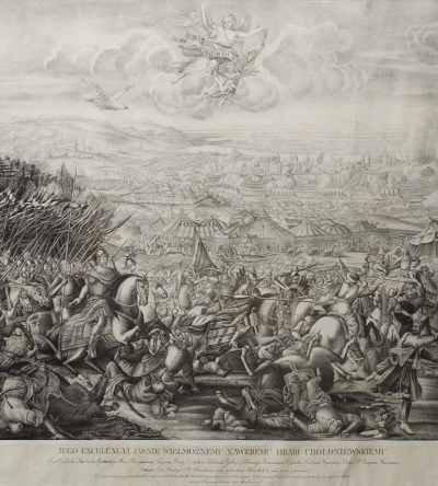 Litografia na papierze wykonana w XIX wieku. Przedstawia bitwę pod Wiedniem. Kompozycja podzielona jest na dwie części. Dola część ilustruje walki. Po lewej stronie Jan III Sobieski. Naokoło walczący Turcy, powalone ciała i konie. W oddali obóz turecki z namiotami. Jeszcze głębiej zarys miasta Wiednia. W górnej części kompozycji niebo i anioły. Jeden duży i dwa małe. Z lewej stronie leci biały orzeł.