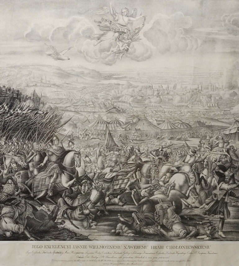 Litografia na papierze wykonana w XIX wieku. Przedstawia bitwę pod Wiedniem. Kompozycja podzielona jest na dwie części. Dola część ilustruje walki. Po lewej stronie Jan III Sobieski. Naokoło walczący Turcy, powalone ciała i konie. W oddali obóz turecki z namiotami. Jeszcze głębiej zarys miasta Wiednia. W górnej części kompozycji niebo i anioły. Jeden duży i dwa małe. Z lewej stronie leci biały orzeł.