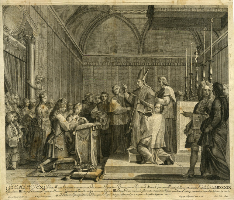 Rycina niemieckiego rytownika działającego w Rzymie, Antona Fritza, przedstawia drugą ceremonię zaślubin Marii Klementyny Sobieskiej i Jakuba Edwarda Stuarta, która odbyła się w katedrze we włoskim Montefiascone. W centrum kompozycji klęczy para małżonków, którą błogosławi miejscowy biskup.