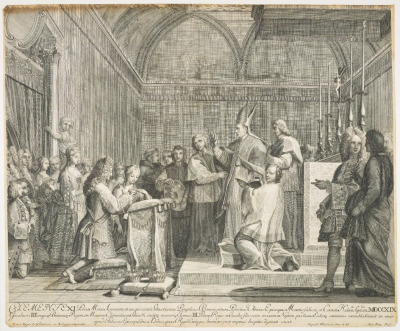 Zaślubiny Marii Klementyny Sobieskiej i Jakuba Edwarda Stuarta. Grafika na papierze.  Ceremonia zaślubin odbywa się w kaplicy kościoła. Ołtarz wraz z baldachimem po prawej stronie, przed nim kapłan wraz z duchownymi. Przed ołtarzem klęcznik i klęcząca na nim para młoda. Za nimi zebrani goście – świadkowie ceremonii.