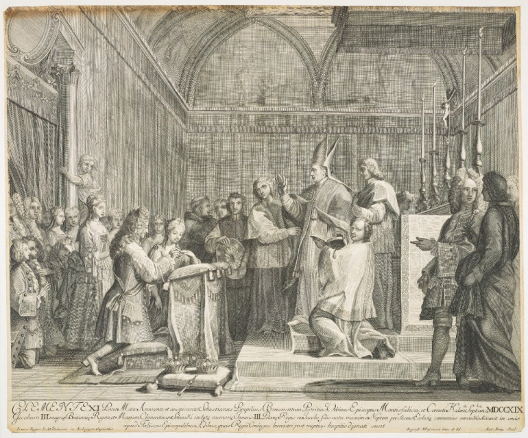 Zaślubiny Marii Klementyny Sobieskiej i Jakuba Edwarda Stuarta. Grafika na papierze.  Ceremonia zaślubin odbywa się w kaplicy kościoła. Ołtarz wraz z baldachimem po prawej stronie, przed nim kapłan wraz z duchownymi. Przed ołtarzem klęcznik i klęcząca na nim para młoda. Za nimi zebrani goście – świadkowie ceremonii.