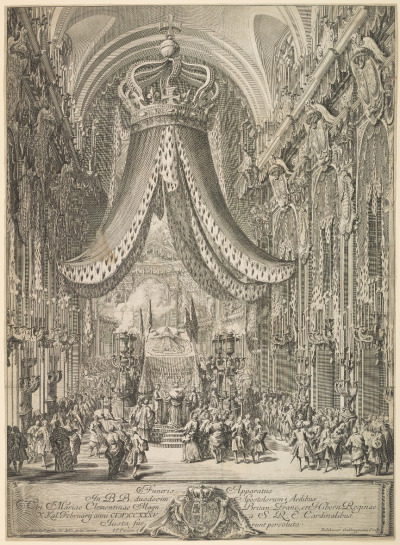 Akwaforta na papierze pt. "Egzekwie Marii Klementyny w kościele św. Apostołów w Rzymie". Wnętrze kościoła barkowego, pośrodku na suficie wielki baldachim, poniżej ołtarz i wierni. Rysunek oddaje precyzyjnie niemal każdy szczegół wnętrza. 
