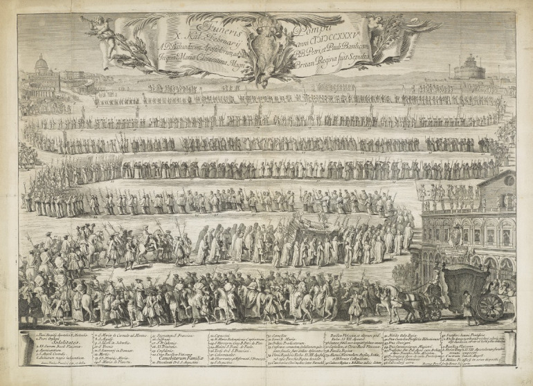 Uroczystości pogrzebowe Marii Klementyny Sobieskiej. Grafika pokazuje kondukt pogrzebowy, który wychodzi z kościoła po prawej stronie i pnie się do góry do bazyliki św. Piotra, której zarys widać po lewej stronie u góry. 