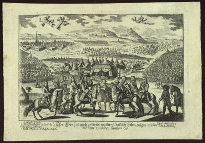 Rycina upamiętnia spotkanie cesarza Leopolda I i króla Jana III Sobieskiego. Na środku, lekko po lewej stronie, cesarz; symetrycznie, lekko po prawej – polski król oraz najważniejsi przywódcy zaangażowani w bitwę wiedeńską. Każda z tych postaci podpisana jest numerem. W tle, po dwóch stronach, dostrzec możemy zwycięską jazdę. W centrum przedstawienia natomiast tureckie namioty, wokół których leżą zabici i porozrzucane łupy. Po lewej widoczne trzy wielbłądy. Na jeszcze dalszych planach ukazana została panorama miasta i dwa wzgórza.