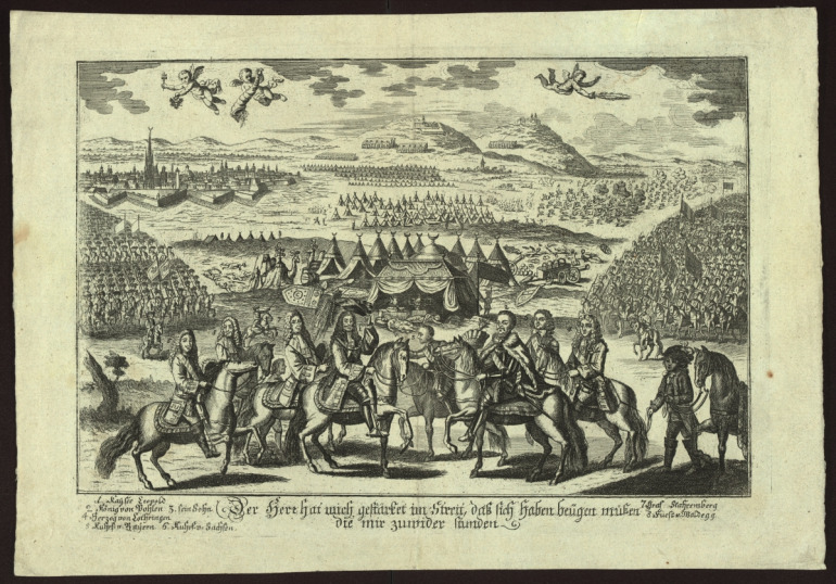 Rycina upamiętnia spotkanie cesarza Leopolda I i króla Jana III Sobieskiego. Na środku, lekko po lewej stronie, cesarz; symetrycznie, lekko po prawej – polski król oraz najważniejsi przywódcy zaangażowani w bitwę wiedeńską. Każda z tych postaci podpisana jest numerem. W tle, po dwóch stronach, dostrzec możemy zwycięską jazdę. W centrum przedstawienia natomiast tureckie namioty, wokół których leżą zabici i porozrzucane łupy. Po lewej widoczne trzy wielbłądy. Na jeszcze dalszych planach ukazana została panorama miasta i dwa wzgórza.