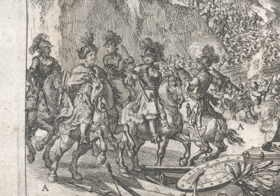 Grafika przedstawiająca bitwę pod Wiedniem. Zbliżenie na fragment grafiki. Po lewej stronie rozpoznać możemy dowódców wojsk przybyłych z odsieczą pod Wiedeń: Jana III Sobieskiego, Maksymiliana II Emanuela, Jana Jerzego III Wettyna, Karola V Lotaryńskiego oraz Jerzego Fryderyka księcia Waldeck. Zgodnie z ówczesnym zwyczajem przedstawiania bitew, poszczególne postaci oznaczone zostały kolejnymi literami alfabetu, które odnoszą do umieszczonej poniżej legendy. Dzięki temu jesteśmy w stanie zidentyfikować osoby, miejsca i sceny ukazane na obrazie, nawet nie znając przebiegu bitwy ani innych wizerunków.