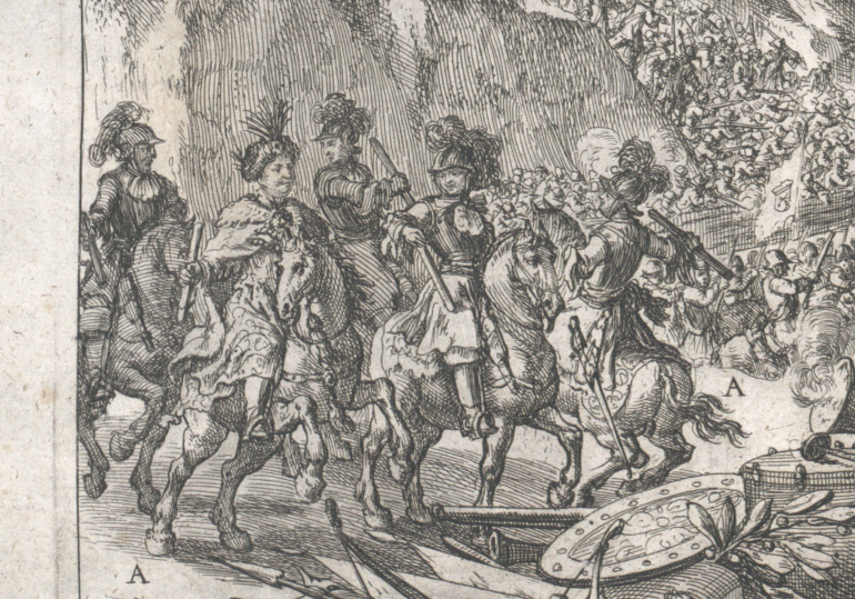 Grafika przedstawiająca bitwę pod Wiedniem. Zbliżenie na fragment grafiki. Po lewej stronie rozpoznać możemy dowódców wojsk przybyłych z odsieczą pod Wiedeń: Jana III Sobieskiego, Maksymiliana II Emanuela, Jana Jerzego III Wettyna, Karola V Lotaryńskiego oraz Jerzego Fryderyka księcia Waldeck. Zgodnie z ówczesnym zwyczajem przedstawiania bitew, poszczególne postaci oznaczone zostały kolejnymi literami alfabetu, które odnoszą do umieszczonej poniżej legendy. Dzięki temu jesteśmy w stanie zidentyfikować osoby, miejsca i sceny ukazane na obrazie, nawet nie znając przebiegu bitwy ani innych wizerunków.