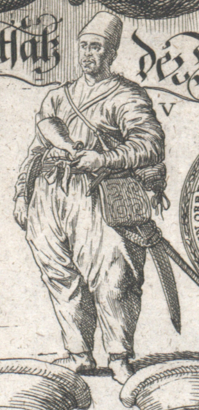 Grafika przedstawiająca bitwę pod Wiedniem. Zbliżenie na fragment grafiki. W centrum wizerunek Jerzego Franciszka Kulczyckiego, który wsławił się tym, że podczas oblężenia wydostał się z Wiednia w przebraniu tureckim, przeszedł niezauważony przez obóz wroga i zaniósł do Karola V Lotaryńskiego poselstwo z prośbą o pomoc. W ten sam sposób, bezpieczny miał wrócić do miasta z odpowiedzią. Na rycinie widzimy go właśnie w orientalnym stroju, tak jak według tradycji ikonograficznej miał wyglądać podczas całej operacji.