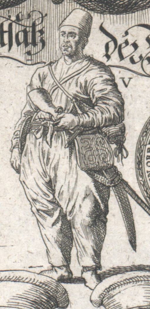 Grafika przedstawiająca bitwę pod Wiedniem. Zbliżenie na fragment grafiki. W centrum wizerunek Jerzego Franciszka Kulczyckiego, który wsławił się tym, że podczas oblężenia wydostał się z Wiednia w przebraniu tureckim, przeszedł niezauważony przez obóz wroga i zaniósł do Karola V Lotaryńskiego poselstwo z prośbą o pomoc. W ten sam sposób, bezpieczny miał wrócić do miasta z odpowiedzią. Na rycinie widzimy go właśnie w orientalnym stroju, tak jak według tradycji ikonograficznej miał wyglądać podczas całej operacji.